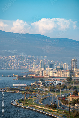 Aerial view of Izmir coast side parks, motorway and high buildings
