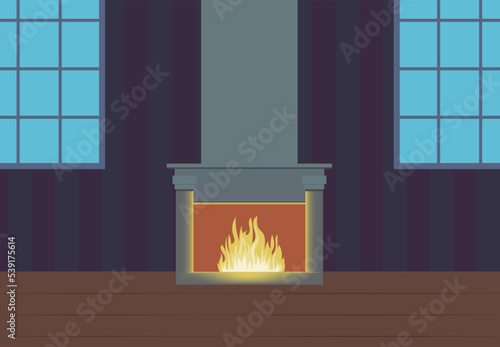 vector room with fireplace. empty room with two windows and a burning fireplace