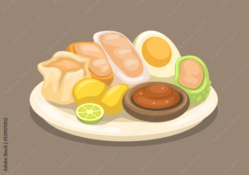 Baso tahu siomay is indonesian dumpling with tofu and vegetable with peanut sauce illustration vector Baso tahu siomay is indonesian dumpling with tofu and vegetable with peanut sauce illustration vector