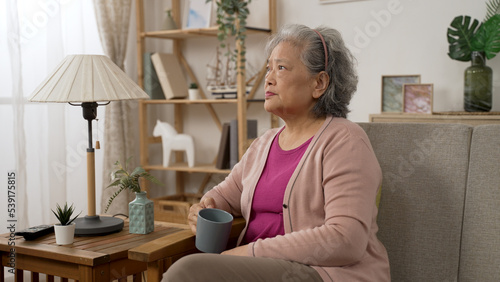 sad asian elderly lady feeling solitude while sitting on sofa and drinking tea alone in the living room at home during daytime.