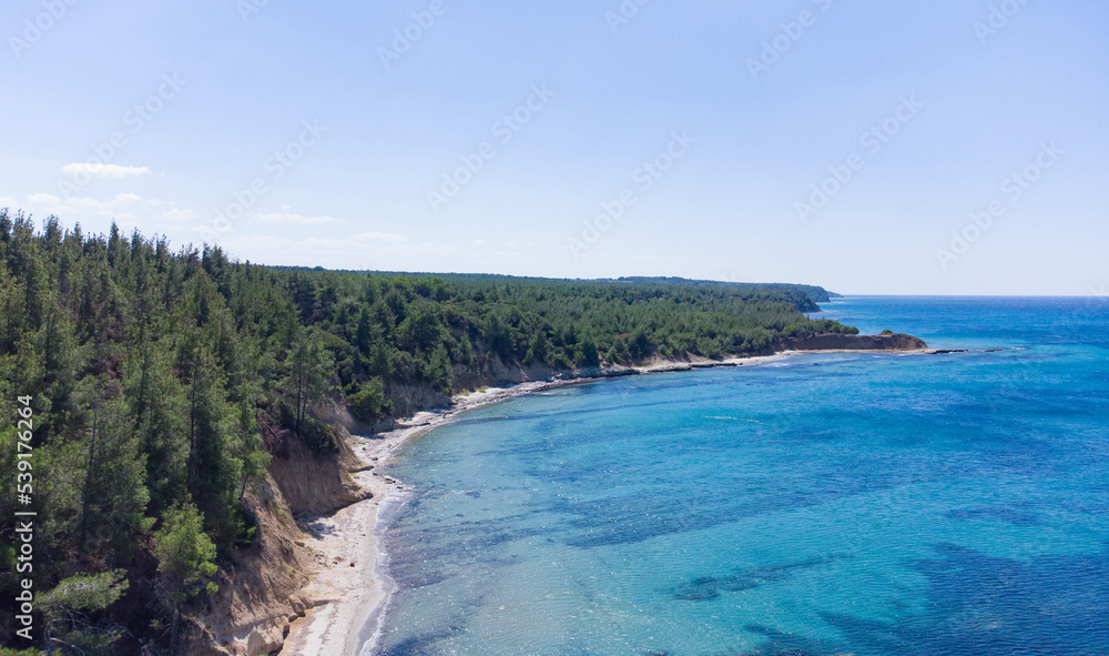 Drone view of crystal clear blue water on the beach of Kabatepe near Çanakkale, Turkey Drone view of crystal clear blue water on the beach of Kabatepe near Çanakkale, Turkey