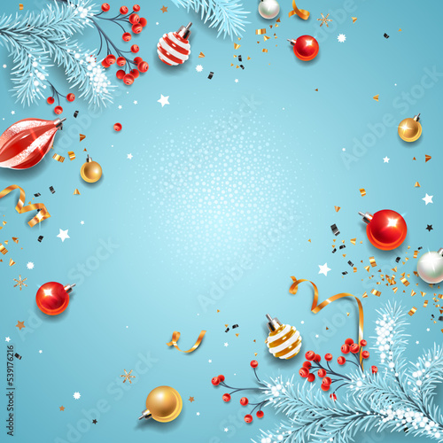 Fototapeta Naklejka Na Ścianę i Meble -  Square banner with red and gold Christmas symbols and text. Christmas tree, gifts, golden tinsel confetti and snowflakes on blue background. Header for website template.
