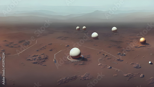 first martian colony - mars base - planet mars colony with geodesic buildings   domes and small dust in the red desert - concept art - digital painting - science fiction - space - solar system