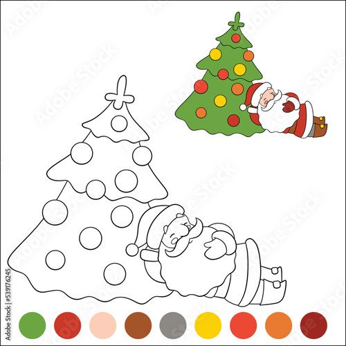 Merry Christmas and Happy New Year coloring page with example and color palette. Santa Claus sleeps near the Christmas tree with toys.