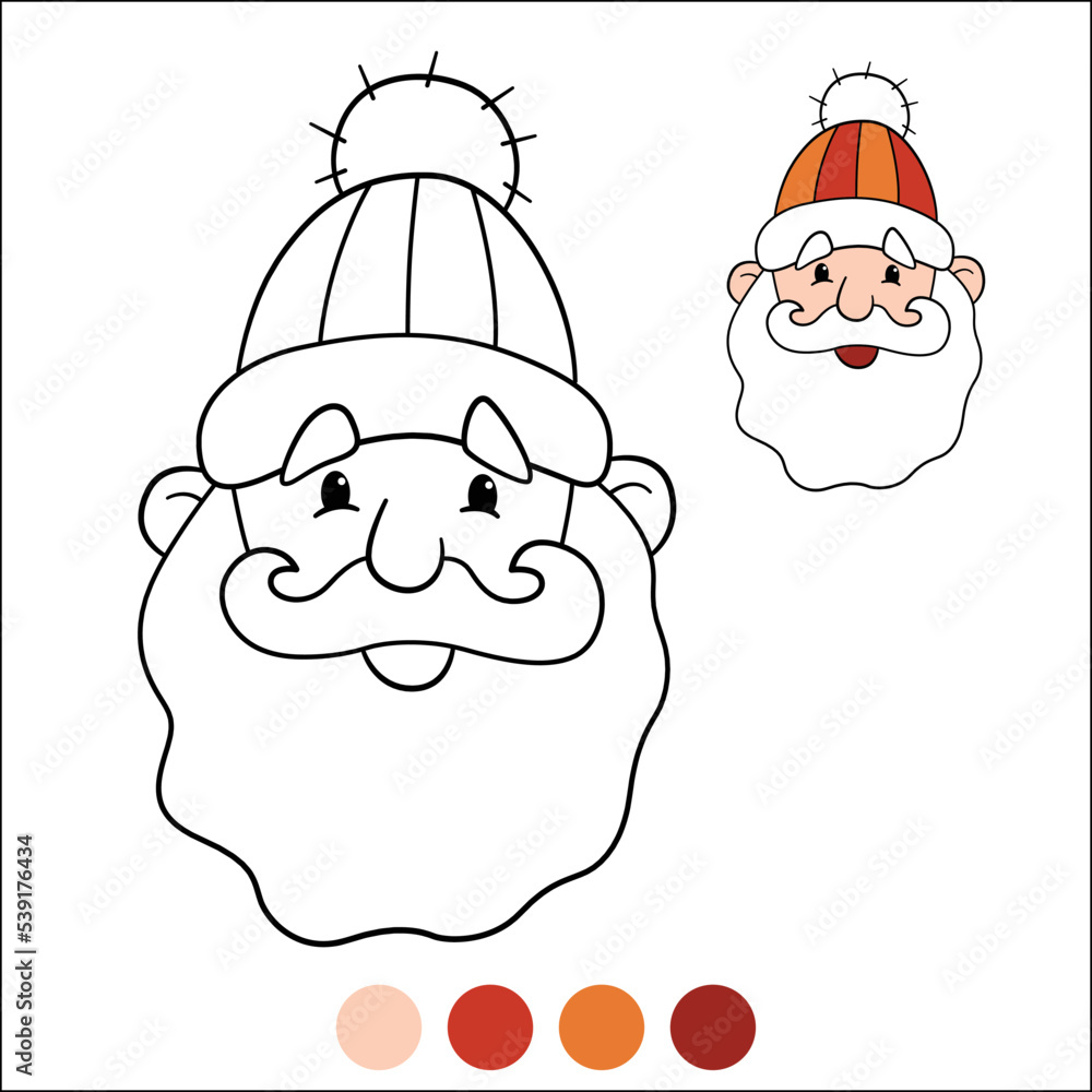 Merry Christmas and Happy New Year coloring page with example and color palette. Santa Claus smiles. Merry Christmas and Happy New Year coloring page with example and color palette. Santa Claus smiles.