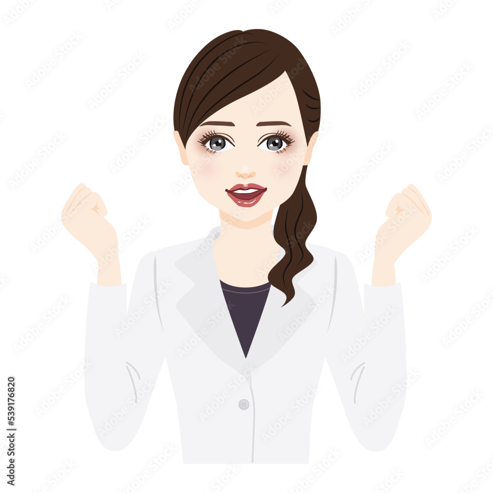 woman in a white coat with ponytail hold up fists woman in a white coat with ponytail hold up fists