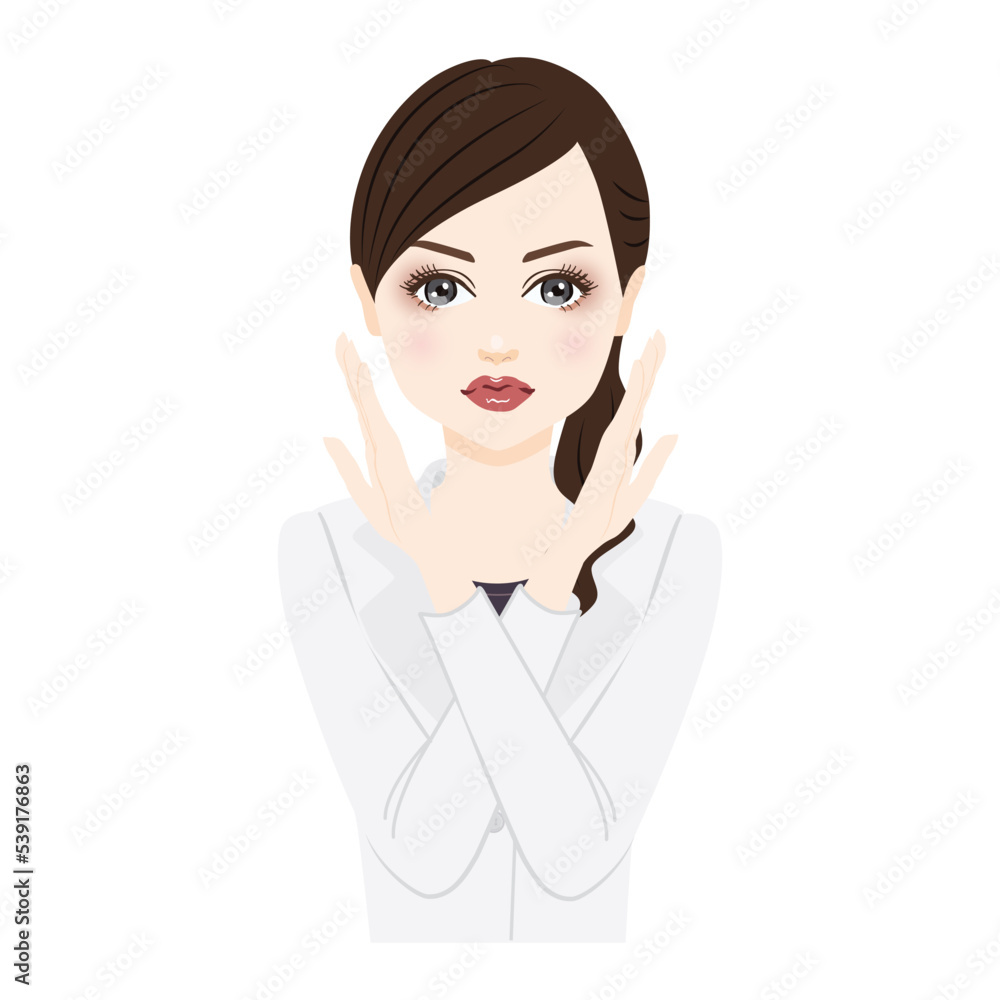 woman in a white coat with ponytail cross hands woman in a white coat with ponytail cross hands