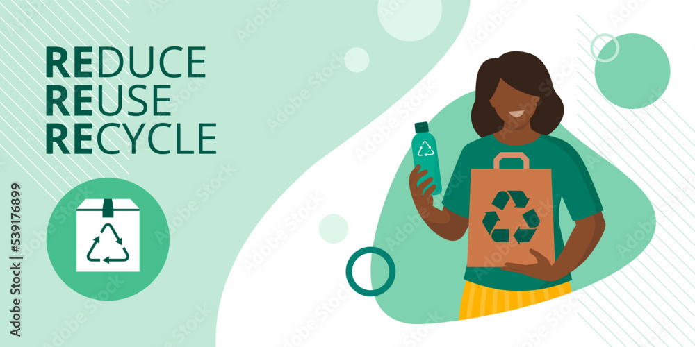 Woman holding items made of recycled materials Woman holding items made of recycled materials
