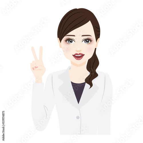 woman in a white coat with ponytail make a piece sign