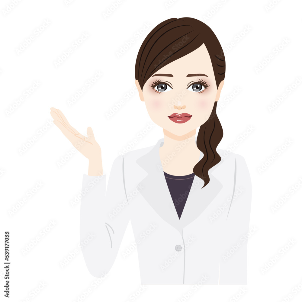 woman in a white coat with ponytail is guiding woman in a white coat with ponytail is guiding