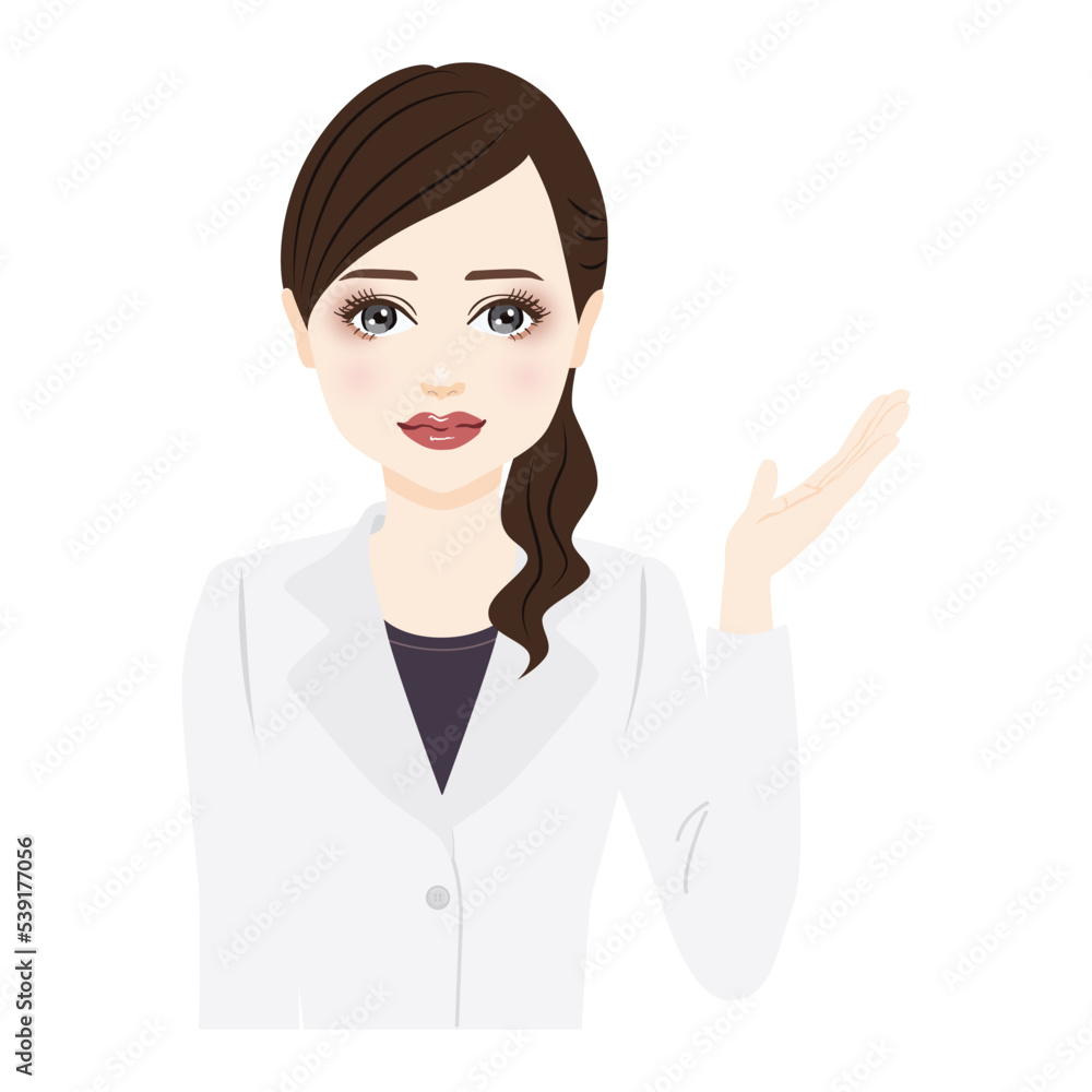 woman in a white coat with ponytail is guiding woman in a white coat with ponytail is guiding