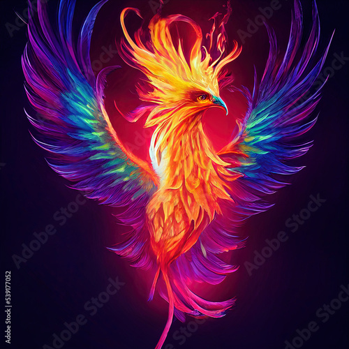 3d illustration rough sketch of a bright, energetic vivid phoenix rising from the ashes on a black background