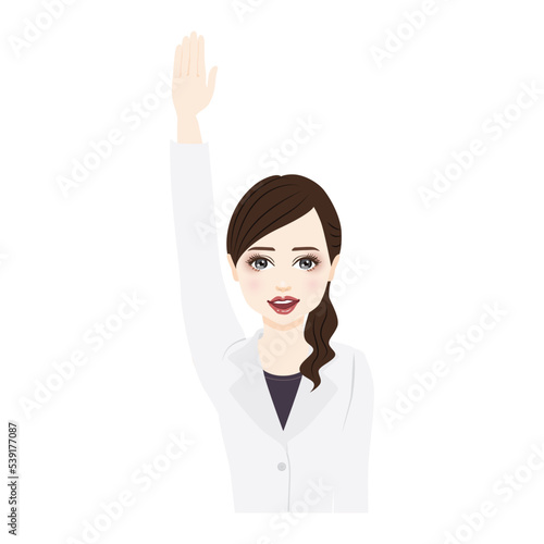 woman in a white coat with ponytail raise a hand