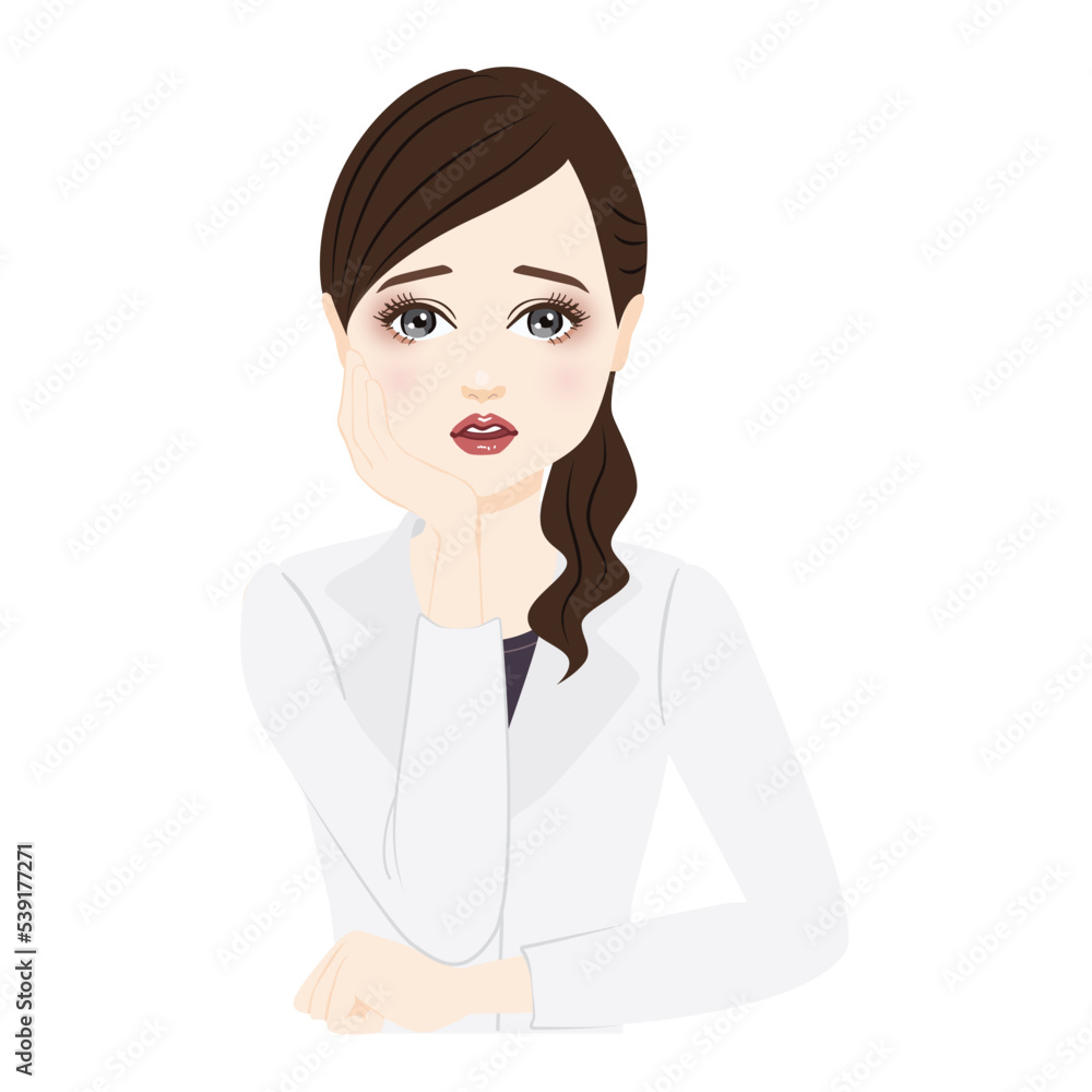 woman in a white coat with ponytail is worried woman in a white coat with ponytail is worried