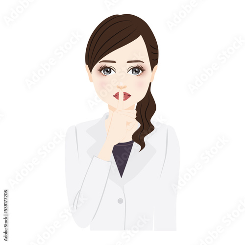 woman in a white coat with ponytail take a secret pose