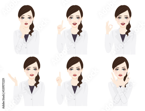 woman in a white coat with ponytail face expression illustration set