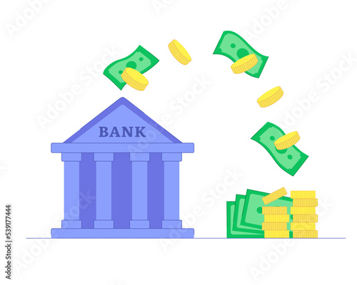 Keeping money in the bank. Receipt of money in a bank account. Coins and banknotes are flying in the air.
