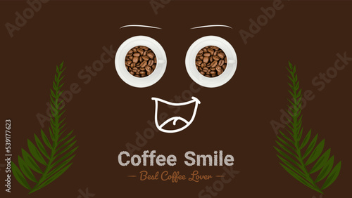 Coffee man or girl smiling, poster design. Top view white cups with happy face concept. Creative coffee banner.