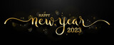 HAPPY NEW YEAR 2023 metallic gold brush calligraphy banner on black background