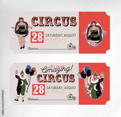 Vintage Circus Tickets. Vector illustration. 