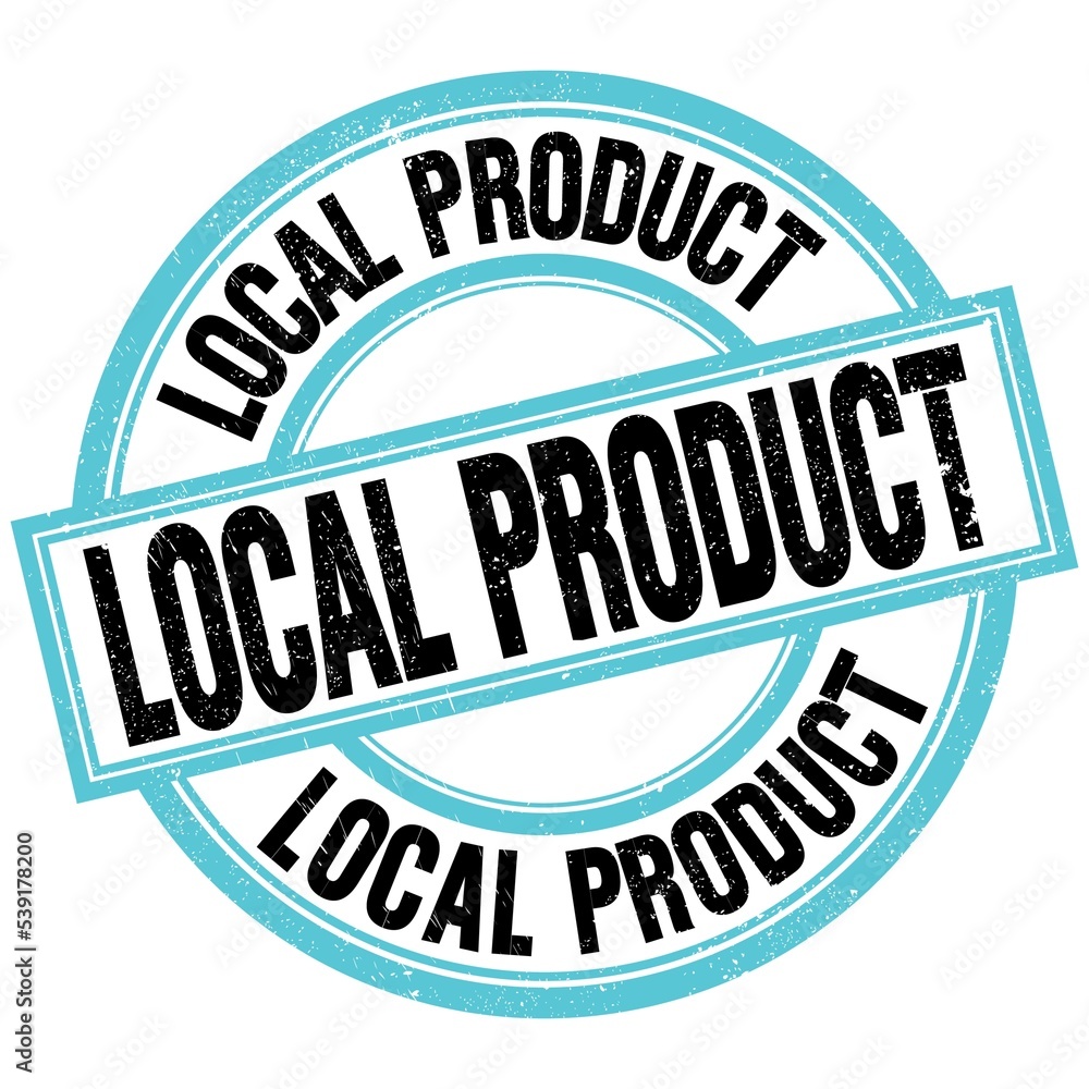 LOCAL PRODUCT text on blue-black round stamp sign