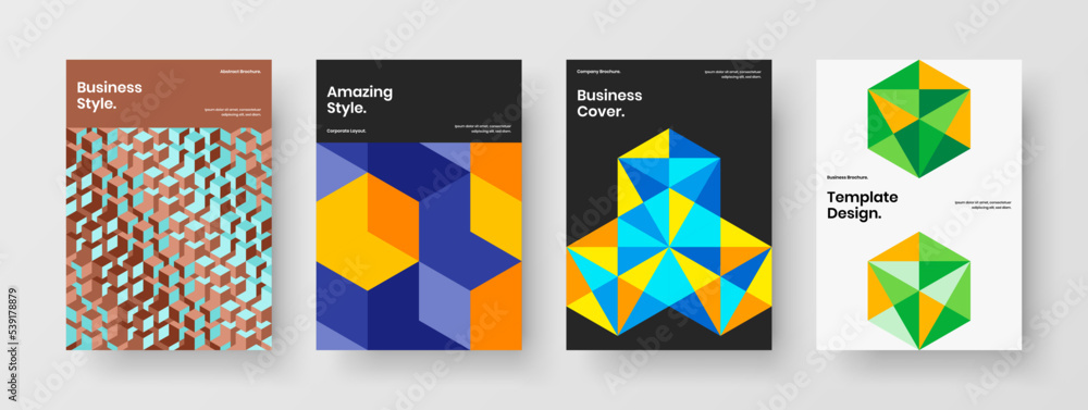 Bright geometric tiles company identity layout composition. Amazing front page design vector concept bundle.