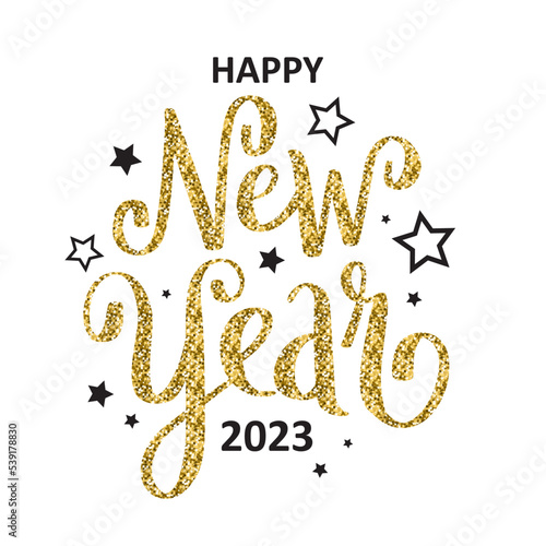 HAPPY NEW YEAR 2023 gold glitter and black brush calligraphy banner with stars