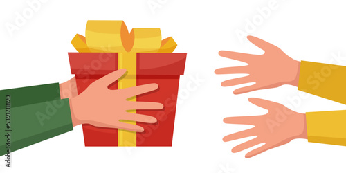 Gift box in human hands, gift delivery, holiday and delivery concept	