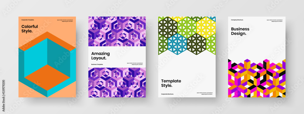 Minimalistic magazine cover vector design template collection. Clean geometric hexagons postcard concept composition.