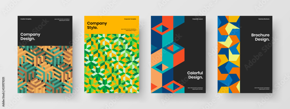 Bright book cover design vector illustration collection. Unique geometric hexagons handbill layout composition. Bright book cover design vector illustration collection. Unique geometric hexagons handbill layout composition.