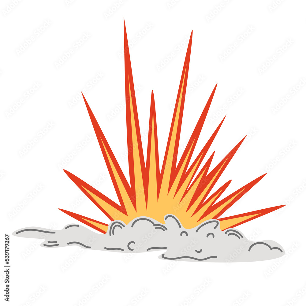 Explosion. Cartoon dynamite or bomb explosion, fire. Boom clouds and smoke element. Dangerous explosive detonation, Atomic bomb explosion. Vector hand draw illustration. Explosion. Cartoon dynamite or bomb explosion, fire. Boom clouds and smoke element. Dangerous explosive detonation, Atomic bomb explosion. Vector hand draw illustration.