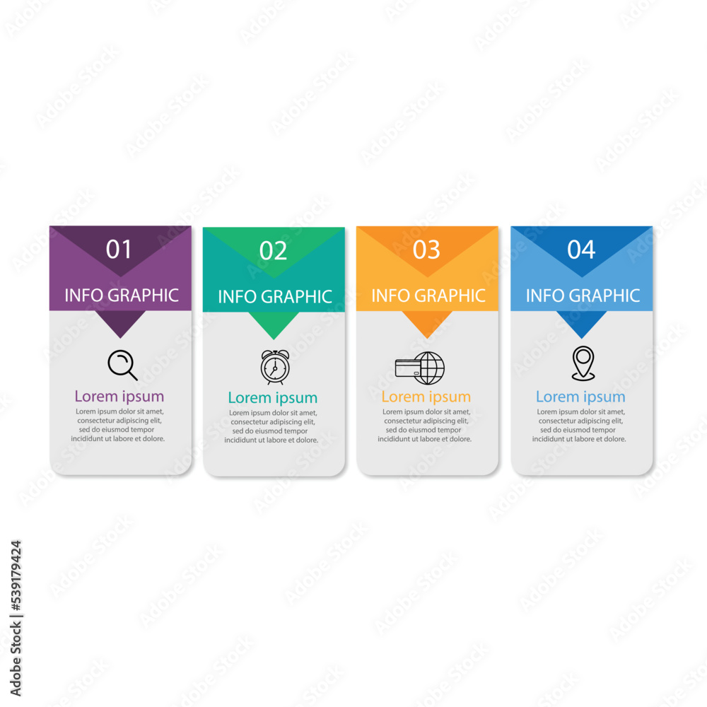 Modern infographic template in four steps for Business. Multi-color design vector can be used for workflow layout, diagram, annual report, web design. Concept element with 4 options or processes. Modern infographic template in four steps for Business. Multi-color design vector can be used for workflow layout, diagram, annual report, web design. Concept element with 4 options or processes.