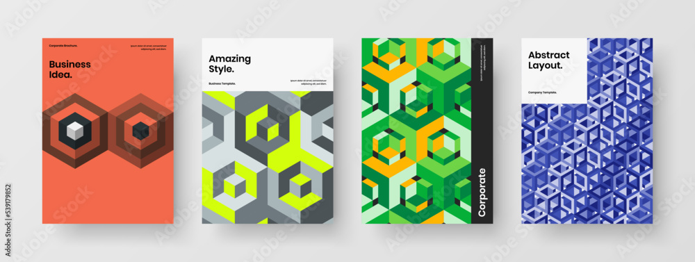 Clean placard A4 vector design illustration bundle. Abstract mosaic hexagons poster layout set.