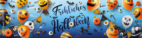 Karte oder Banner zu "Happy Halloween" in Schwarz auf blauem Hintergrund mit Luftballons, Kürbis, Hexe auf ihrem Besen, Fledermaus, Augen