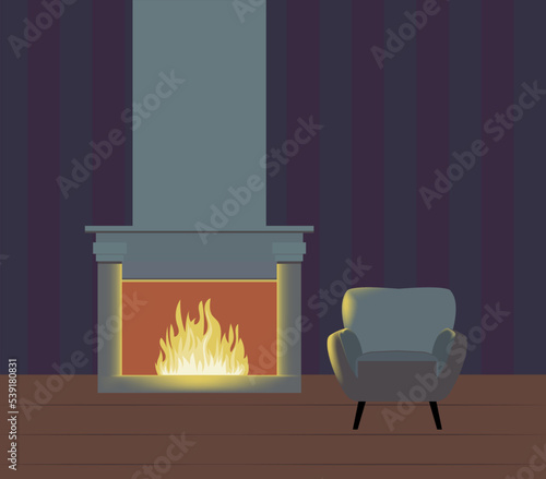 living room vector with fireplace and easy chair. chair near the fireplace with a burning flame.