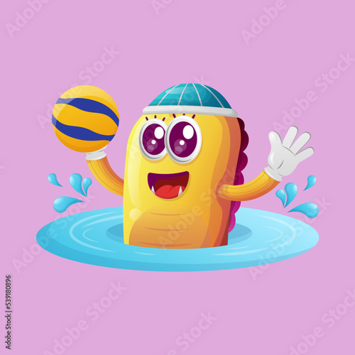 Cute yellow monster playing waterpolo