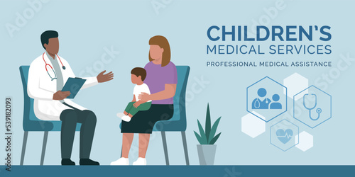 Professional doctor talking with a mother and her child