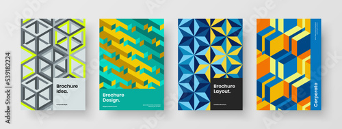 Bright mosaic pattern annual report illustration set. Clean journal cover design vector template bundle.