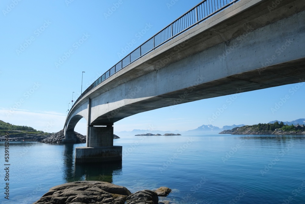 Fjord bridge on the blue sea and blue sky background