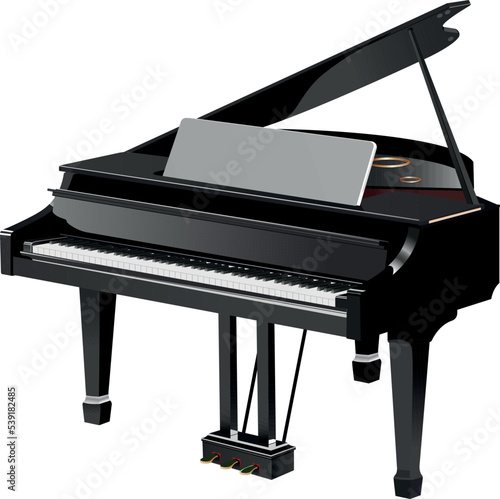 Black, classic, grand piano vector illustration with the lid open.