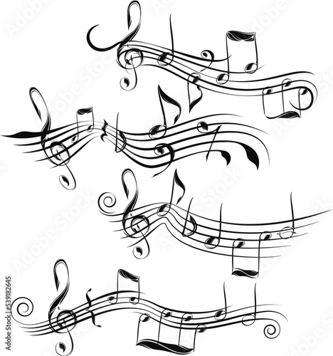 Musical notes, scores and G clef.Monochrome scores ending with spiral or leaf. Set of vector musical scores.