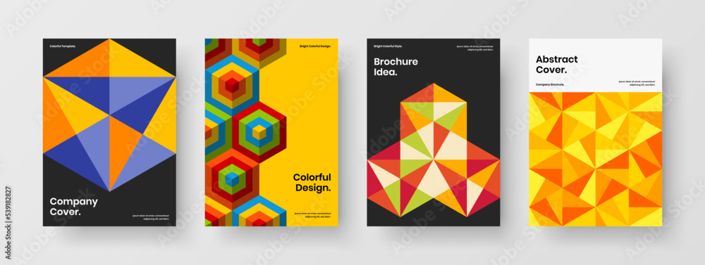 Modern corporate identity design vector template set. Multicolored mosaic shapes magazine cover illustration collection.