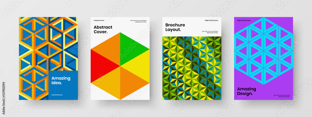 Vivid geometric hexagons magazine cover illustration composition. Premium leaflet design vector concept bundle.