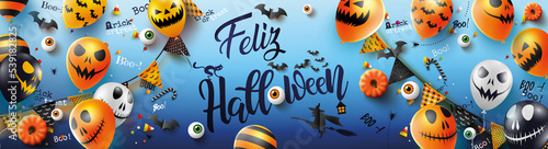 tarjeta o pancarta sobre "feliz halloween" en negro sobre un fondo azul con globos alrededor, calabaza, bruja en su palo de escoba, murciélago, ojos