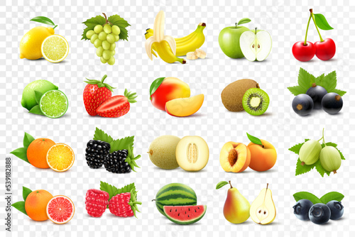 Realistic set of various kinds of fruits with orange, kiwi, pear, lemon, grapes, strawberries, currants, peach, lime, grapefruit, applе, isolated on transparent background, 3d vector illustration