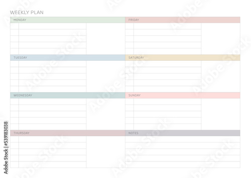 A weekly plan design template in a modern, simple, and minimalist style. Note, scheduler, diary, calendar, planner document template illustration.