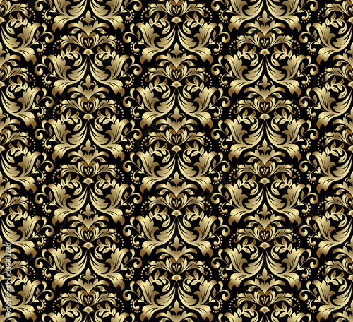 Wallpaper in the style of Baroque. Seamless vector background. Gold and black floral ornament. Graphic pattern for fabric, wallpaper, packaging. Ornate Damask flower ornament