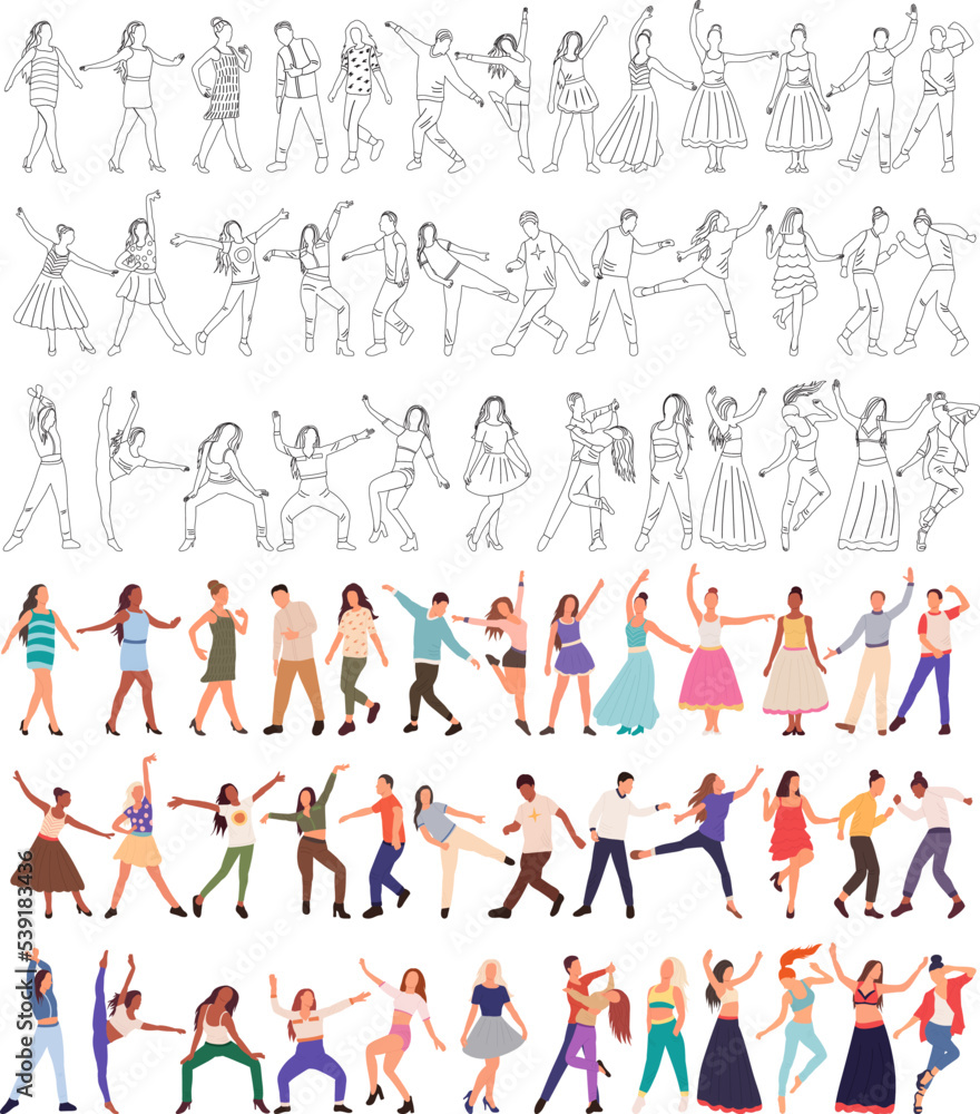 dancing people set sketch, silhouette ,contour isolated vector