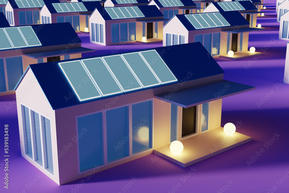 Solar batteries on roof. Miniature cottages Solar batteries. Traps of