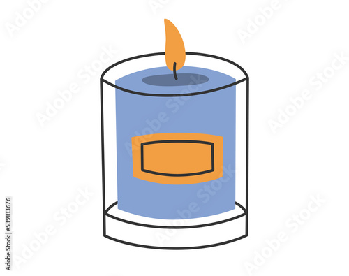 Hand drawn cute illustration of candle. Flat vector burning candle in a container in simple colored doodle style. Сosiness, comfort, rest concept sticker, icon or print. Isolated on white background.